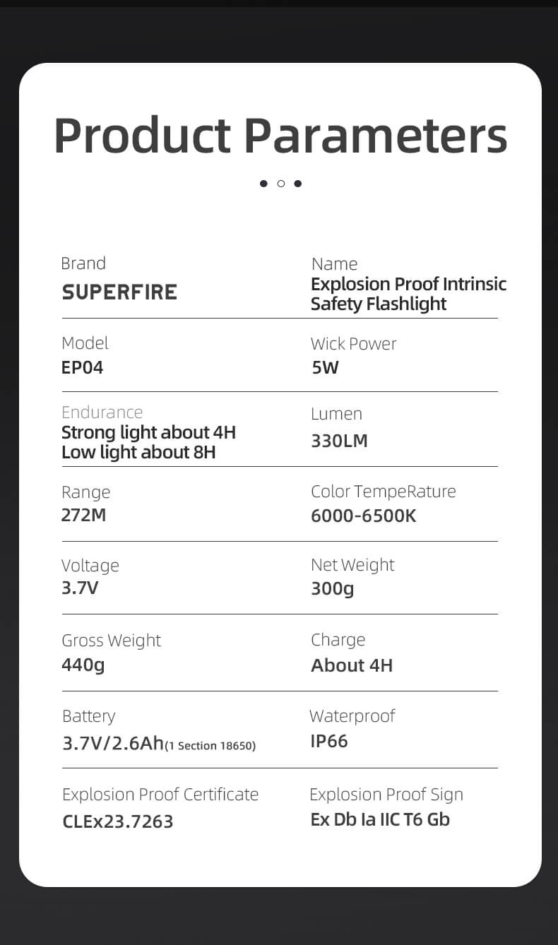 SUPERFIRE EP04 Explosion Proof Flashlight Details