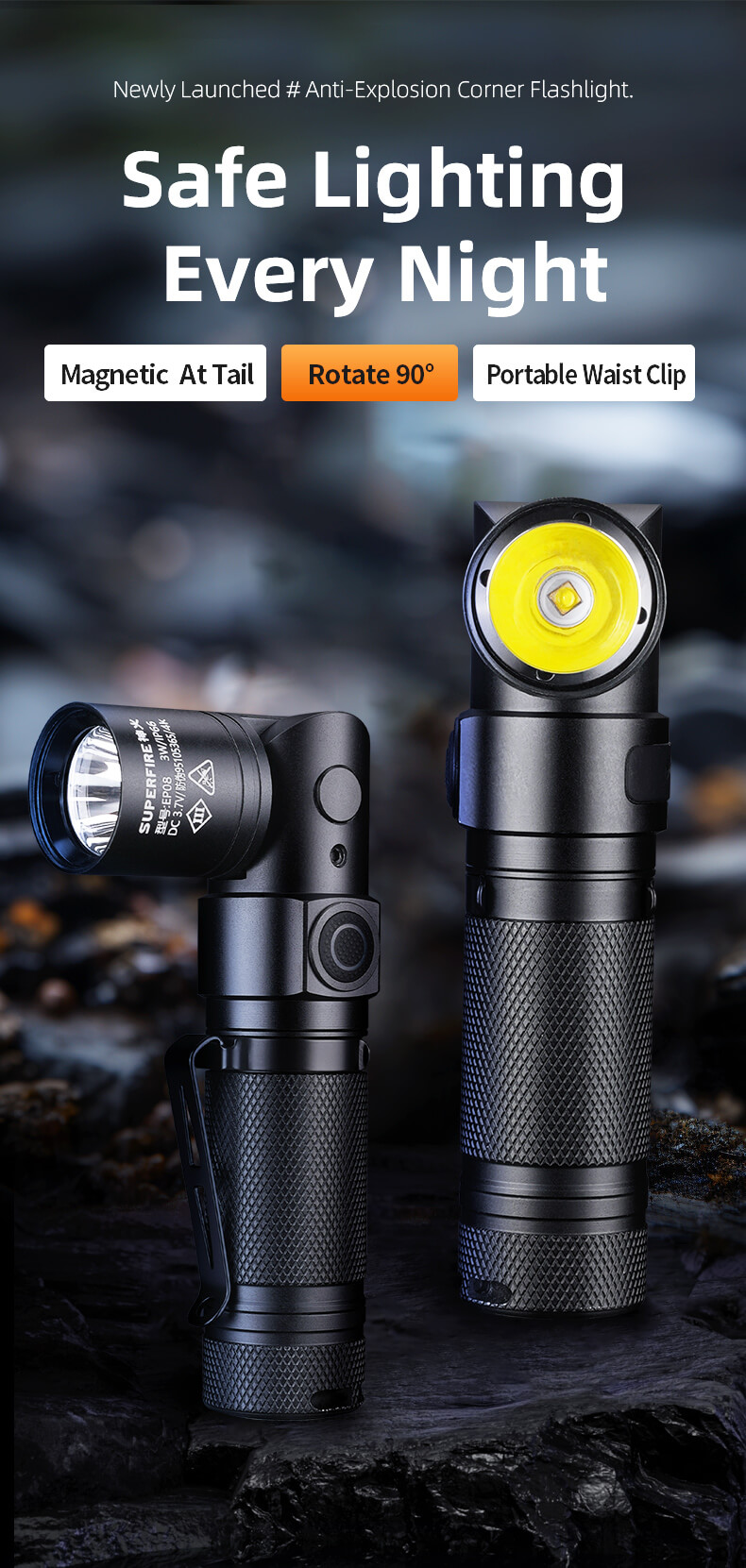 SUPERFIRE EP08 Angle Anti-Explosion Flashlight - 270 Lumens LED Safety Light Details